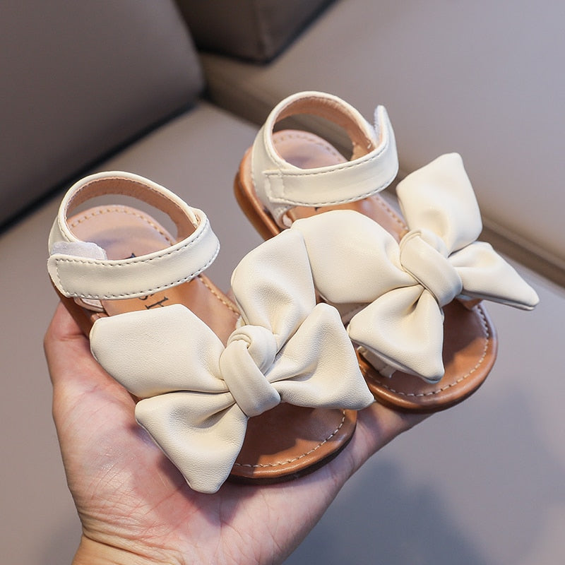 Girl's Summer Sandals Big Bowtie Pu Leather 21-30 Sweet Children Sliders Lovely Stylish Three Colors Flexiable Cute Kids Flats